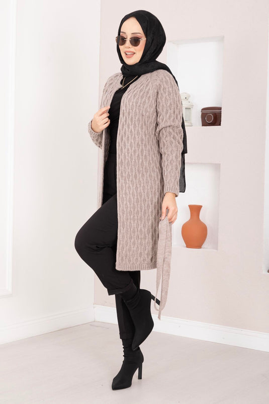 Saç Örgü Kuşaklı Triko Hırka Taş