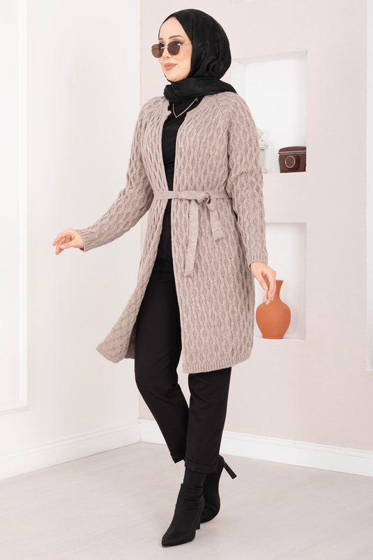 Saç Örgü Kuşaklı Triko Hırka Taş