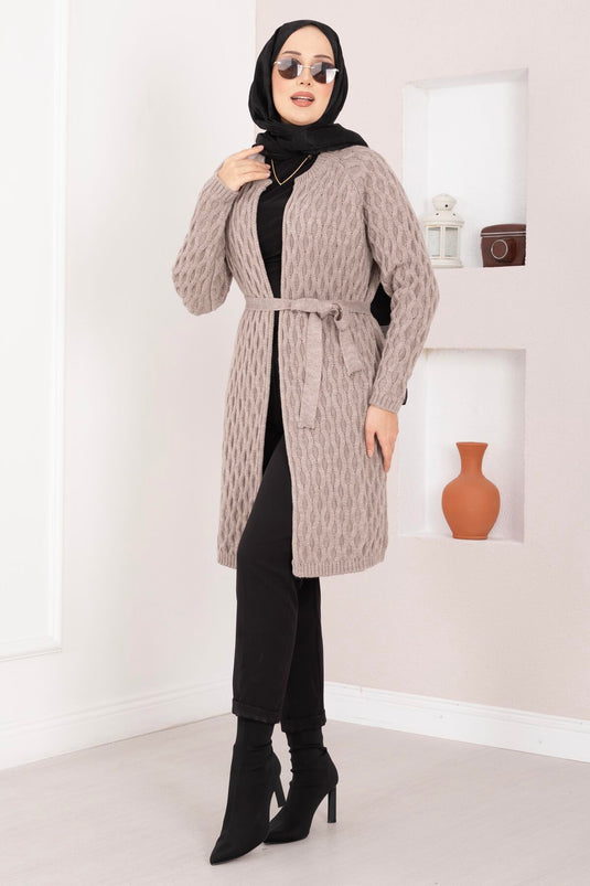 Saç Örgü Kuşaklı Triko Hırka Taş