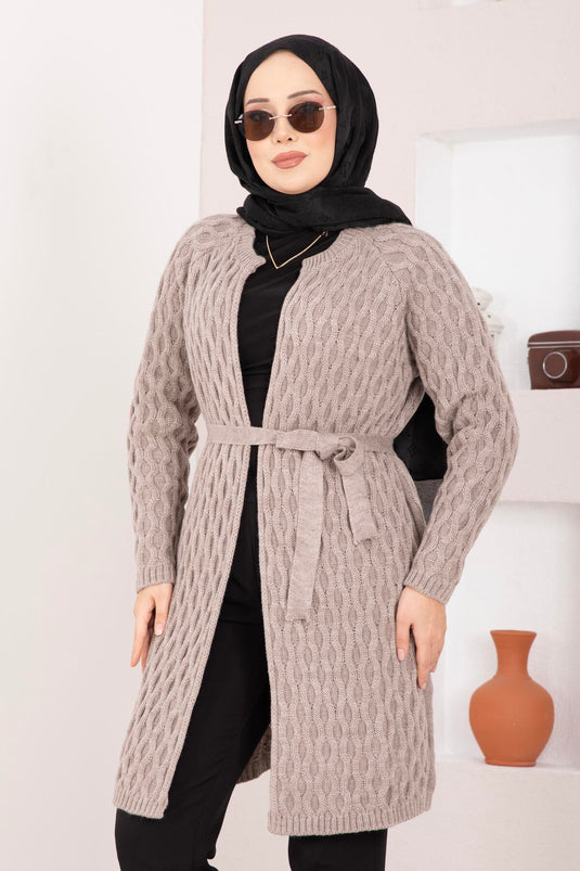 Saç Örgü Kuşaklı Triko Hırka Taş