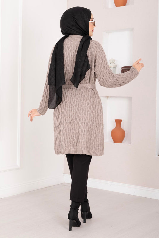 Saç Örgü Kuşaklı Triko Hırka Taş