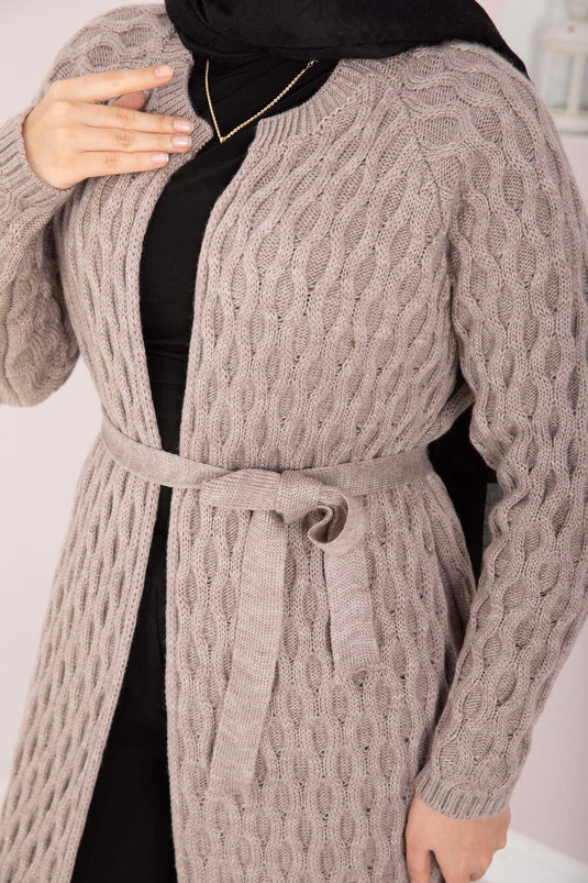 Saç Örgü Kuşaklı Triko Hırka Taş