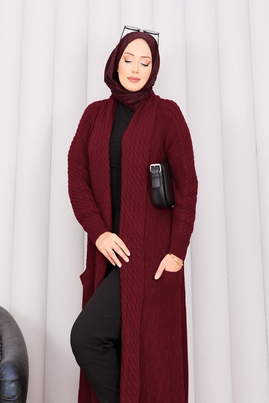 Gilet en maille bordeaux à col châle et hijab