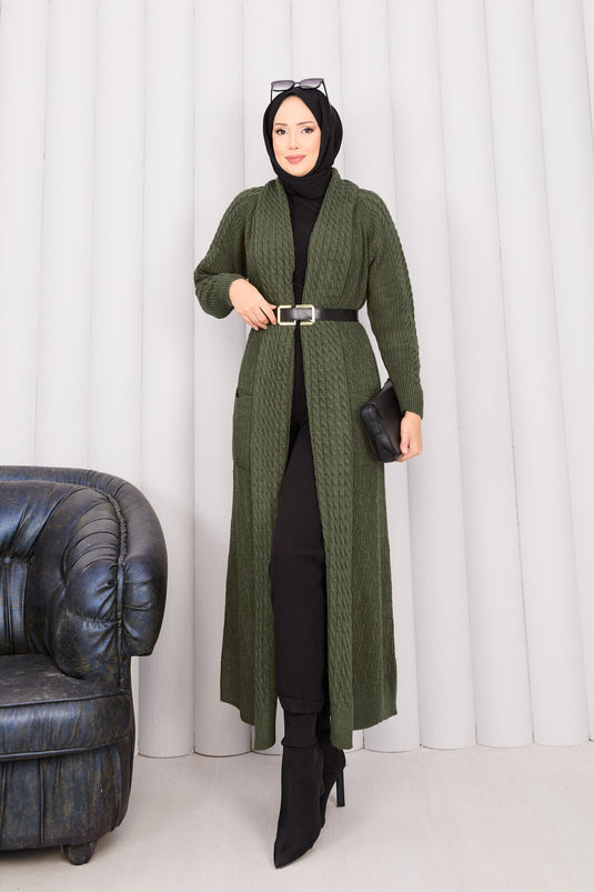 Gilet tricoté kaki à col châle en maille