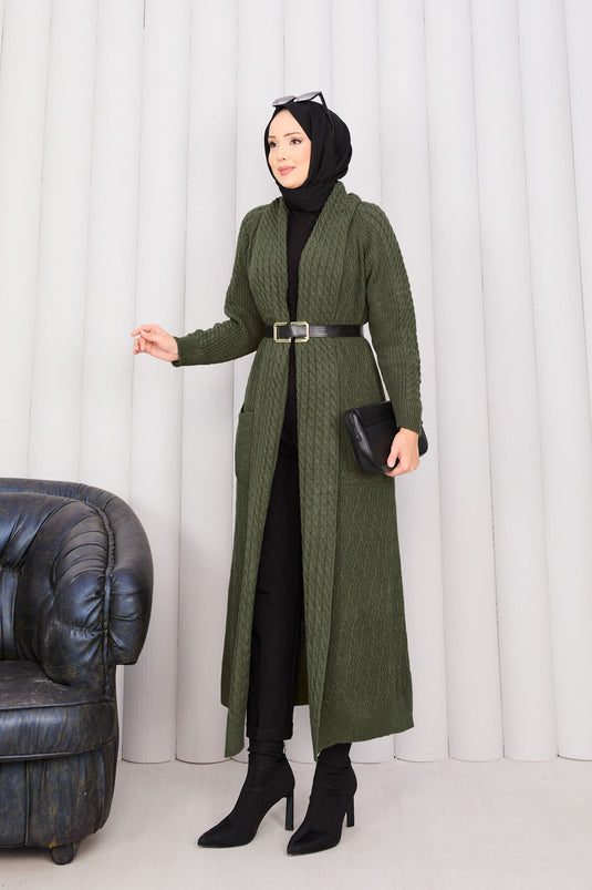 كارديجان محبوك بياقة شال وحجاب بلون كاكي