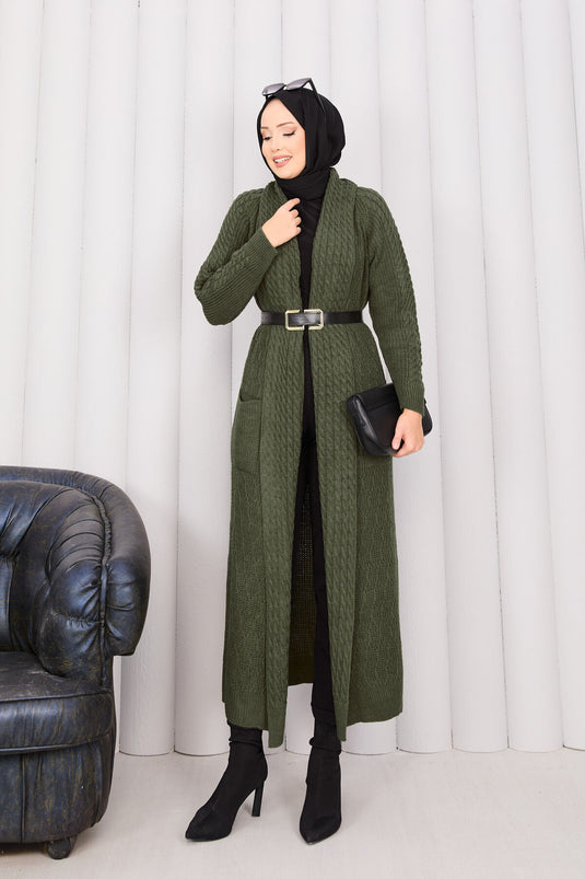 كارديجان محبوك بياقة شال وحجاب بلون كاكي