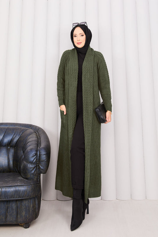 كارديجان محبوك بياقة شال وحجاب بلون كاكي