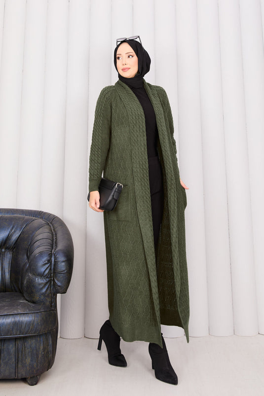 كارديجان محبوك بياقة شال وحجاب بلون كاكي