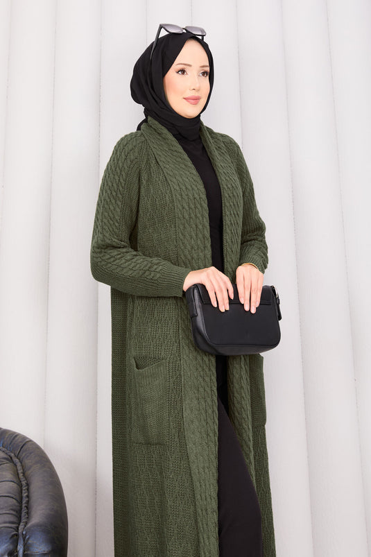 Gilet tricoté kaki à col châle en maille