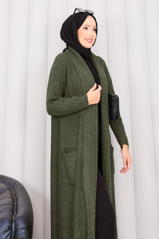 كارديجان محبوك بياقة شال وحجاب بلون كاكي