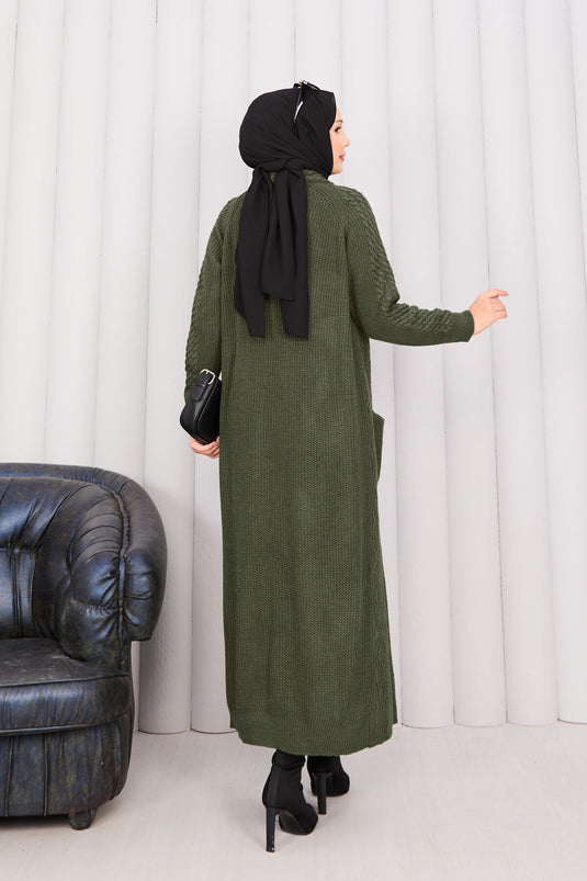 كارديجان محبوك بياقة شال وحجاب بلون كاكي