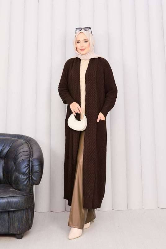 كارديجان محبوك بياقة شال وحجاب بني