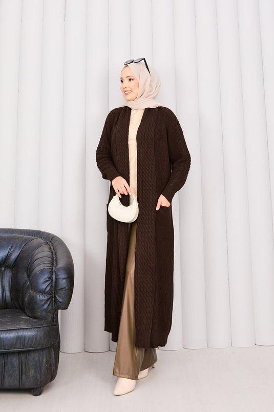 كارديجان محبوك بياقة شال وحجاب بني