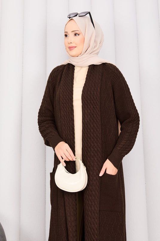 كارديجان محبوك بياقة شال وحجاب بني