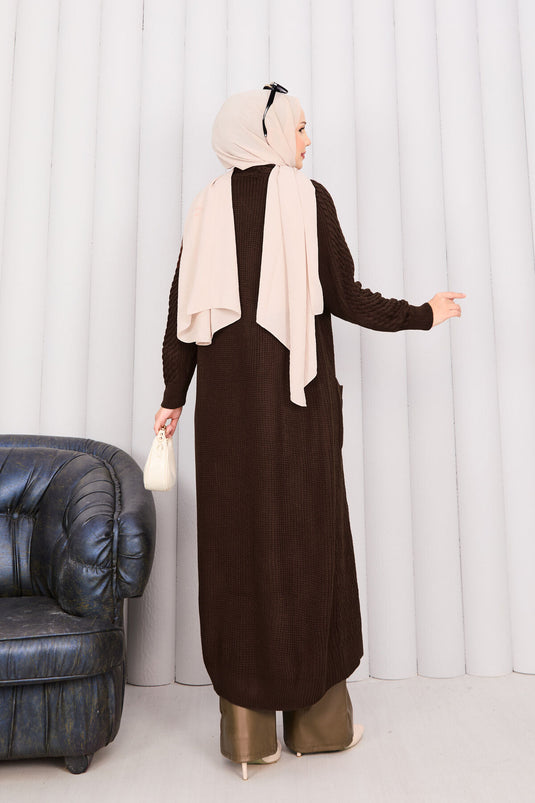 كارديجان محبوك بياقة شال وحجاب بني