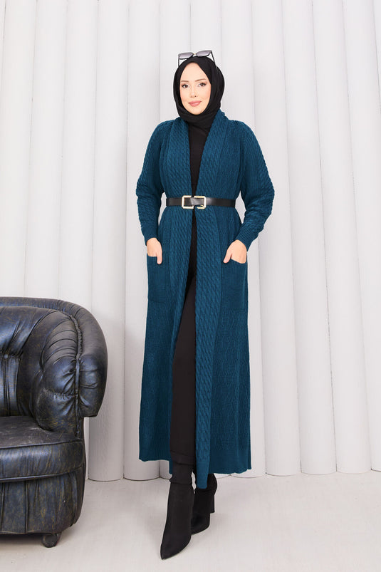 Hair Braid Shawl Collar Modest Knit Cardigan Petrol