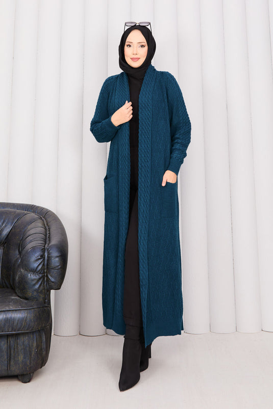 Hair Braid Shawl Collar Modest Knit Cardigan Petrol