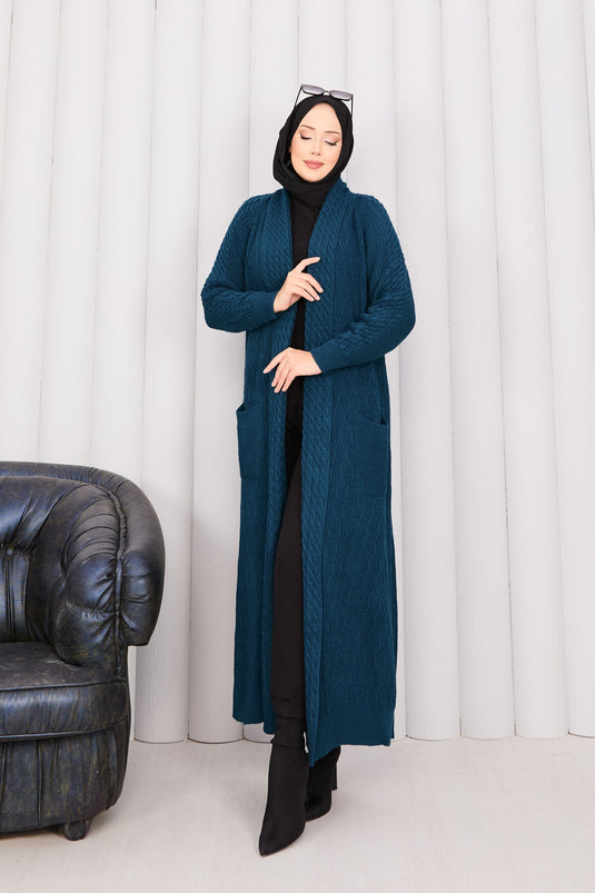 Hair Braid Shawl Collar Modest Knit Cardigan Petrol