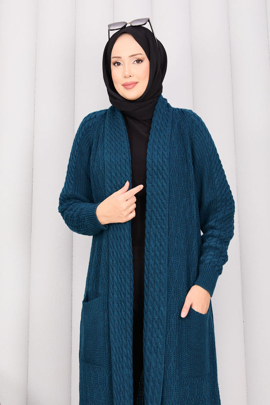 Hair Braid Shawl Collar Modest Knit Cardigan Petrol