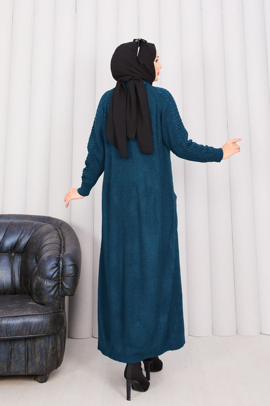 Hair Braid Shawl Collar Modest Knit Cardigan Petrol