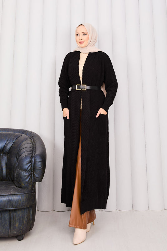 Hair Braid Shawl Collar Modest Knit Cardigan Black