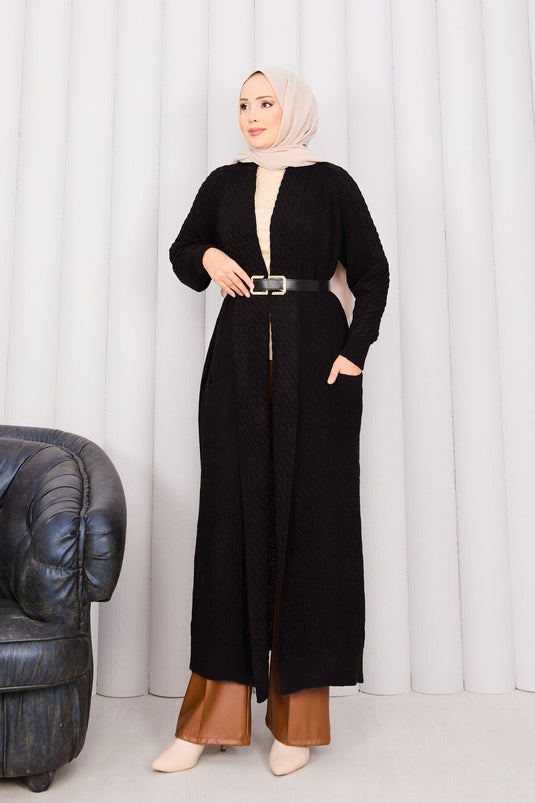 Gilet en maille noire à col châle et hijab