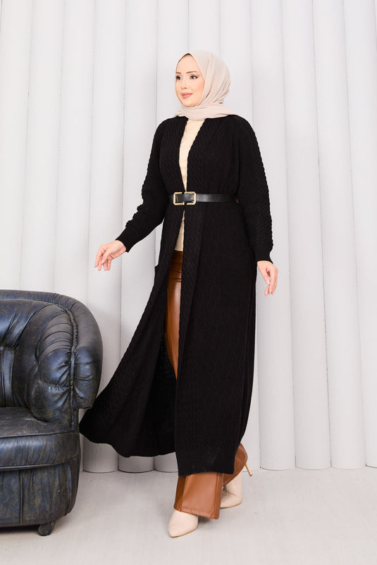 Hair Braid Shawl Collar Modest Knit Cardigan Black