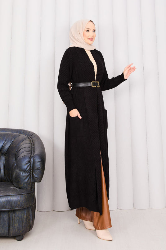 Hair Braid Shawl Collar Modest Knit Cardigan Black