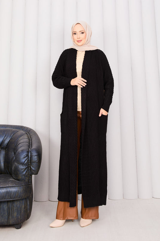 كارديجان أسود محبوك بياقة شال وحجاب