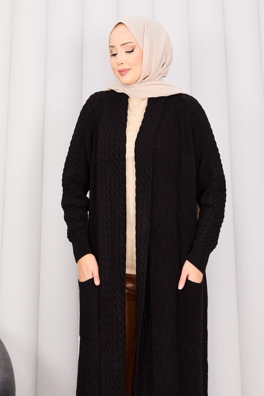 Hair Braid Shawl Collar Modest Knit Cardigan Black