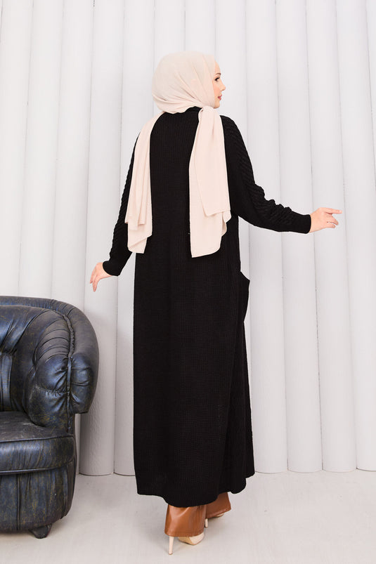 Hair Braid Shawl Collar Modest Knit Cardigan Black