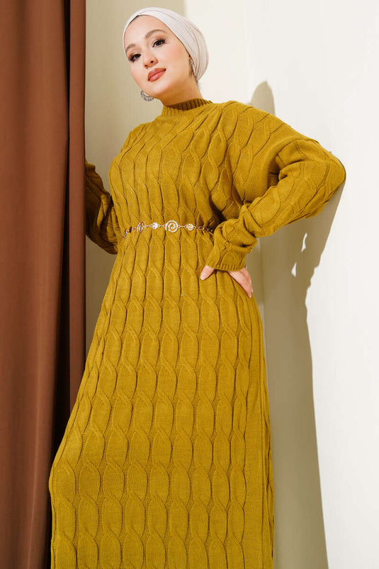 Saç Örgü Şeritli Triko Elbise Yağ Yeşili