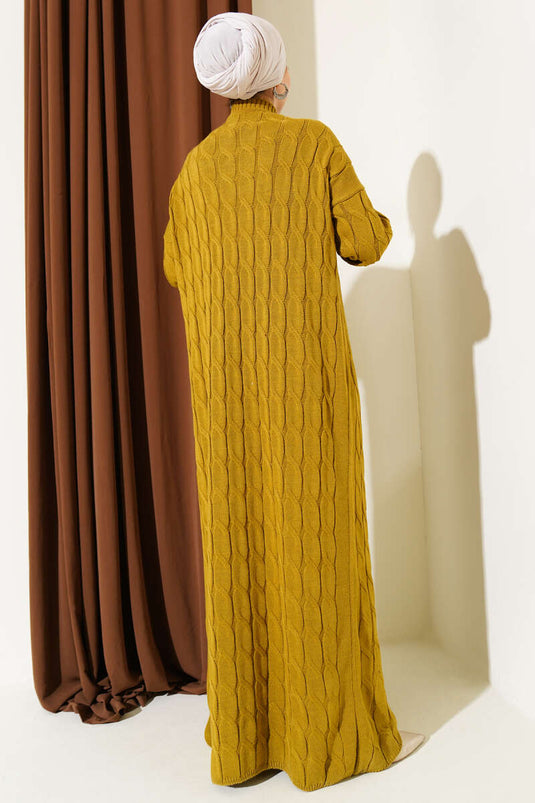 Saç Örgü Şeritli Triko Elbise Yağ Yeşili