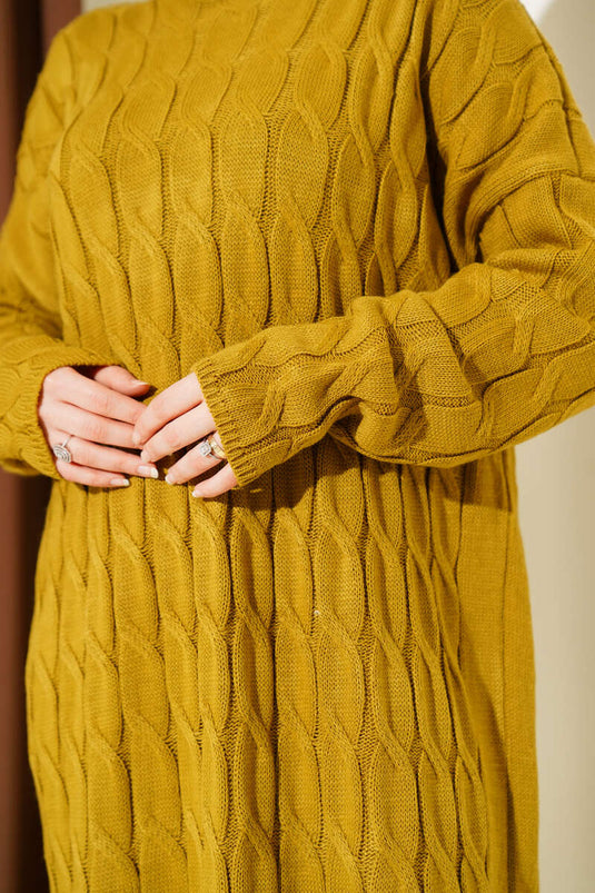 Saç Örgü Şeritli Triko Elbise Yağ Yeşili