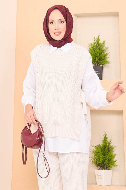 Hair Knitted Sweater Three Piece Hijab Set Ecru