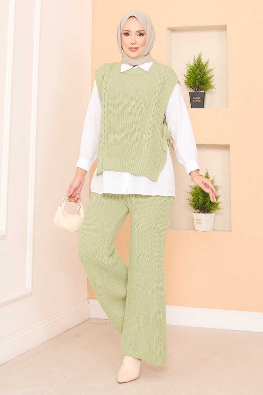 Hair Knitted Sweater Three Piece Hijab Set Mint