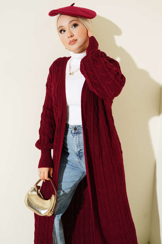 كارديجان طويل محبوك من الشعر باللون العنابي