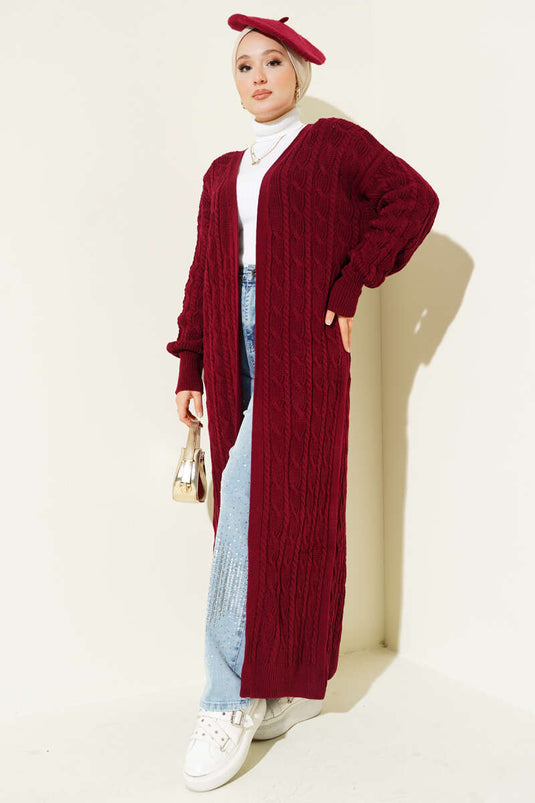 كارديجان طويل محبوك من الشعر باللون العنابي