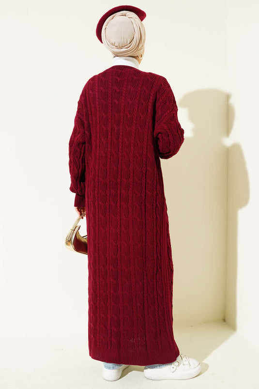 كارديجان طويل محبوك من الشعر باللون العنابي