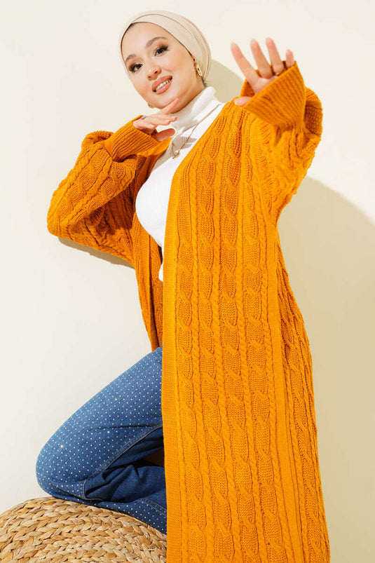 كارديجان طويل محبوك للشعر بلون الخردل