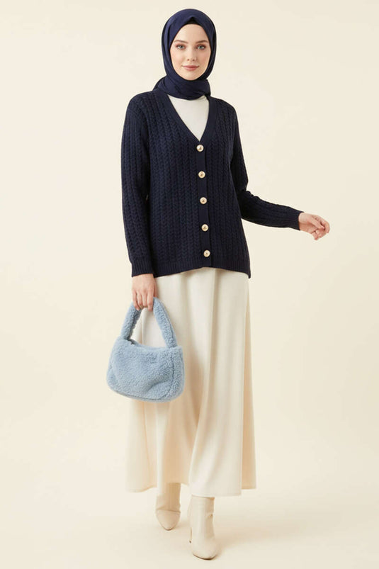 Knitted Buttoned Sweater Cardigan Navy Blue