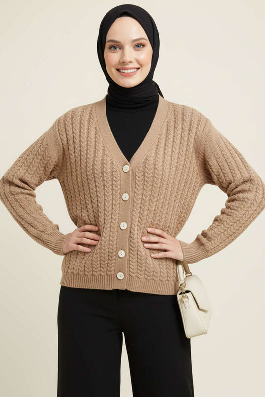 Hair Braided Buttoned Knitwear Cardigan Latte