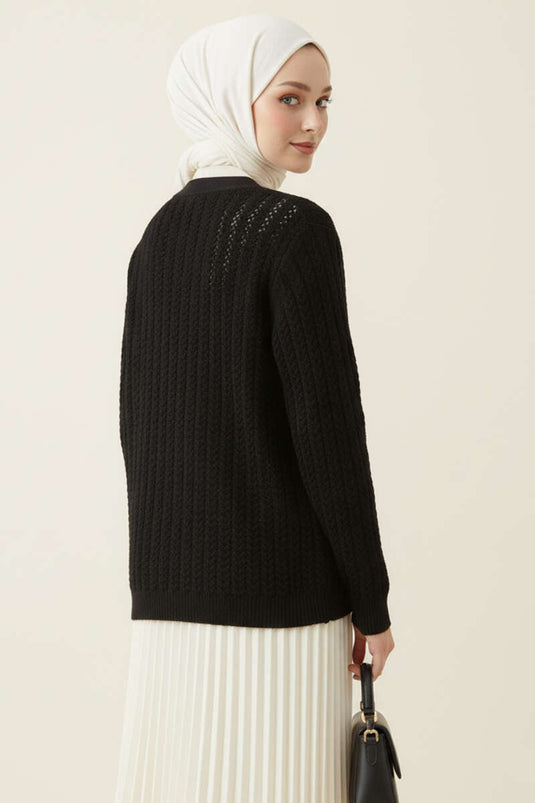 Hair Braided Buttoned Knitwear Cardigan Black