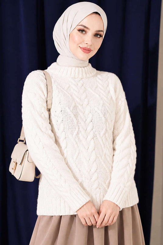 Pull En Maille Écru Avec Tresse