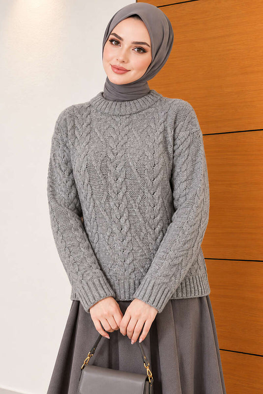 Pull En Maille Tressé Gris Fumé
