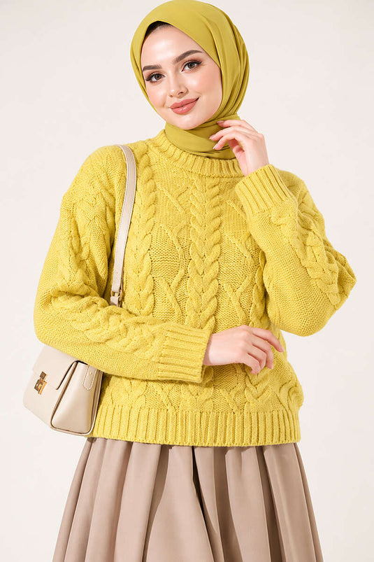 Pull En Maille Tressé Vert Olive