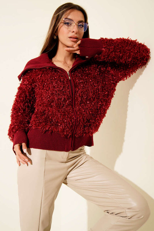 Saçaklı Detaylı Fermuarlı Hırka Bordo