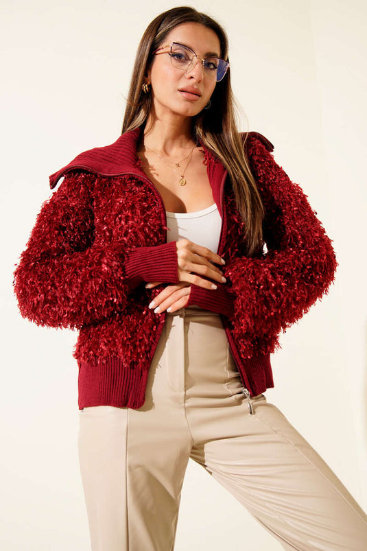 Saçaklı Detaylı Fermuarlı Hırka Bordo