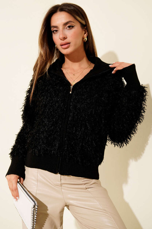Fringed Detail Zippered Cardigan, Black