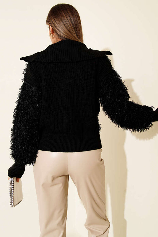 Fringed Detail Zippered Cardigan, Black